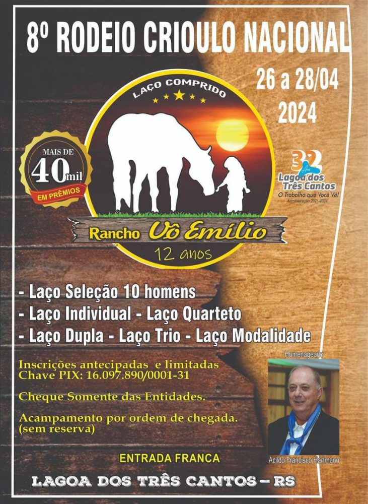 8ª edição do Rodeio Crioulo do Rancho Vô Emílio de Lagoa dos Três Cantos inicia hoje, 26