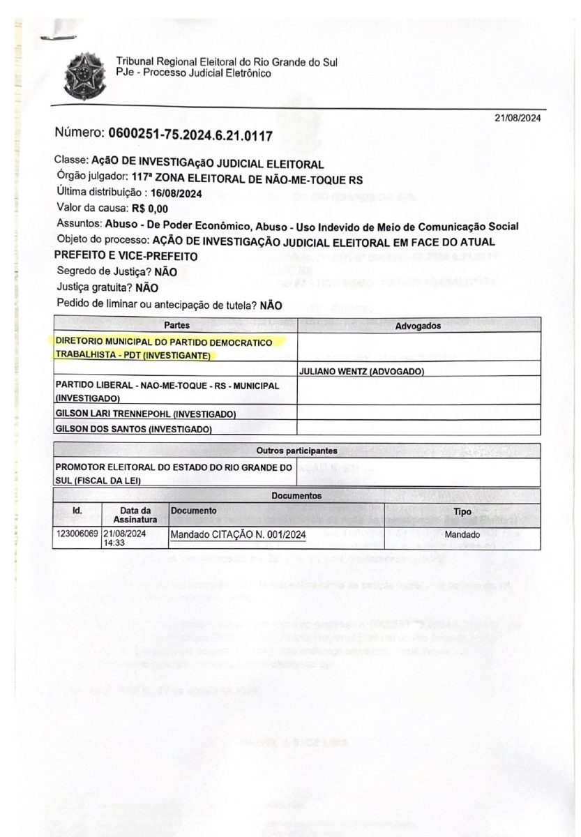 PDT formaliza denúncia no TRE-RS contra candidato à prefeito e vice-prefeito de Não-Me-Toque