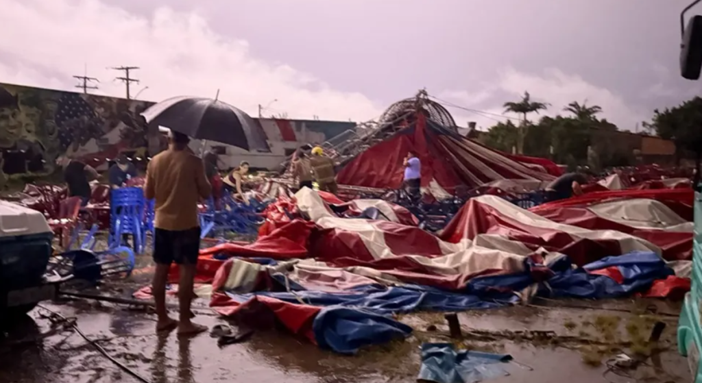 Estrutura de circo desaba durante temporal em Osório, no Litoral Norte gaúcho