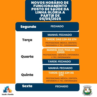 Novos dias e horários de funcionamento do Posto de Saúde de Linha Glória a partir do dia 05/05/2025