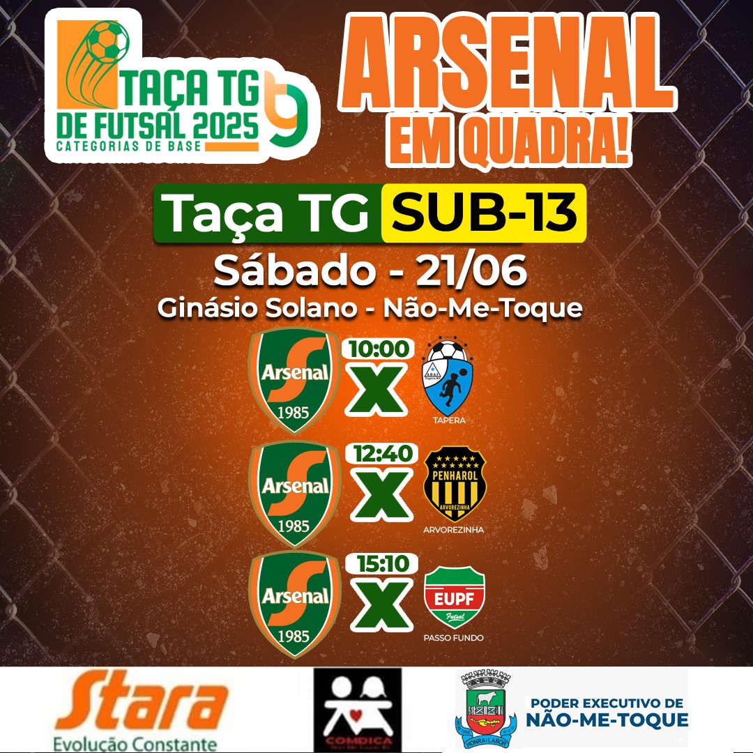 Arsenal disputa a Taça TG Talentos no sábado em Não-Me-Toque