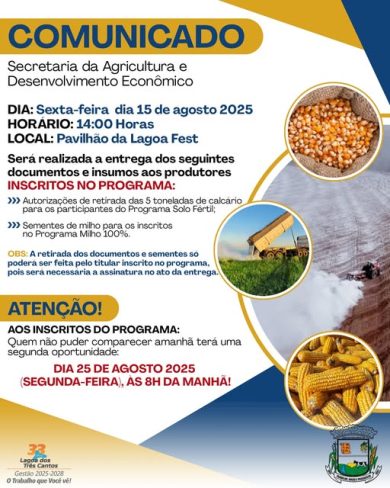 Em solenidade no pavilhão da Lagoa Fest, Governo de Lagoa dos Três Cantos fará a entrega de autorizações para retirada de calcário e sementes de milho