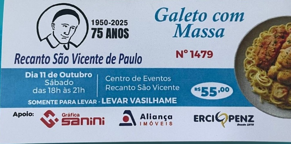 Recanto São Vicente de Paulo promove Galeto com Massa